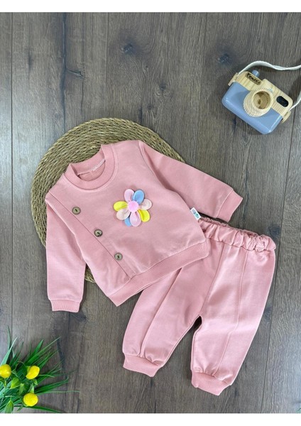 Papatya Figürlü Düğme Detaylı Kız Bebek Takım
