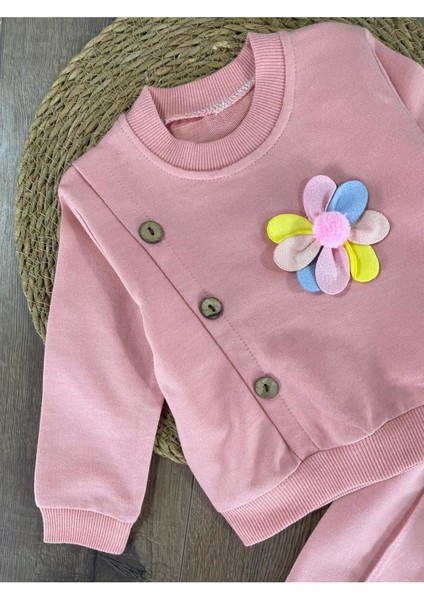 Papatya Figürlü Düğme Detaylı Kız Bebek Takım