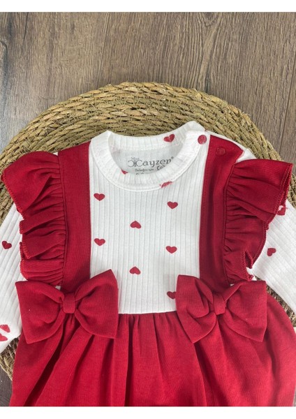 Kalp Baskılı Fiyonk Detaylı Bereli Kız Bebek Tulum