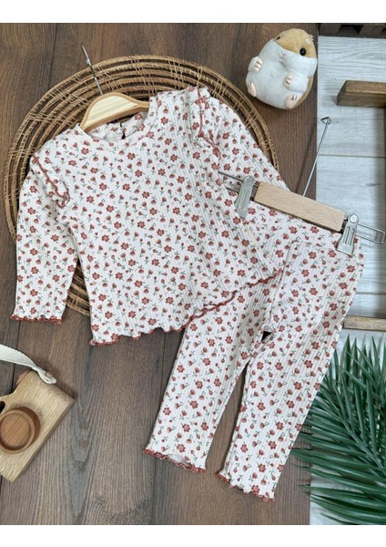 Kaşkorse Omuzdan Fırfırlı Esnek Çiçek Desen Mevsimlik Kız Bebek Alt/üst 2li Takım