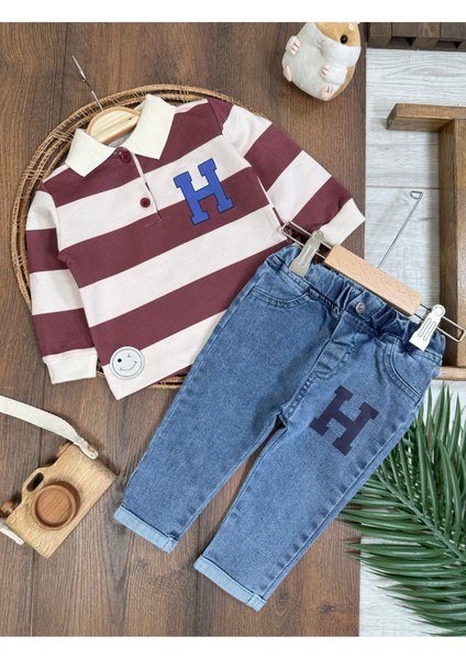 Polo Yaka Sweatshirt Likralı Kot Pantolon 2li Erkek Bebek Takımı