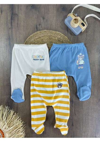 Colorful Baskılı Yenidoğan Organik Pamuk Erkek Bebek Patikli Eşofman 3lü Set