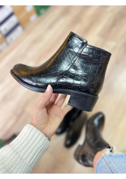 Kadın Kroko Desenli Feruarlı Kısa Bot - Siyah - 37 indirimleri