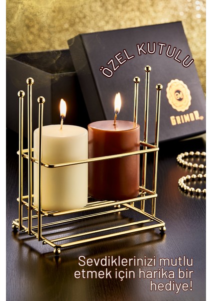 3 Parça Özel Kutulu Dekoratif Gold Mumluk Seti - Özel Kutusu - Kahverengi ve Bej Rengi Mum indirimleri
