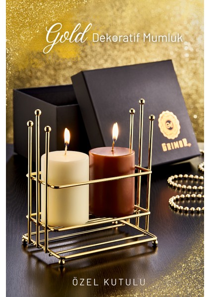 3 Parça Özel Kutulu Dekoratif Gold Mumluk Seti - Özel Kutusu - Kahverengi ve Bej Rengi Mum