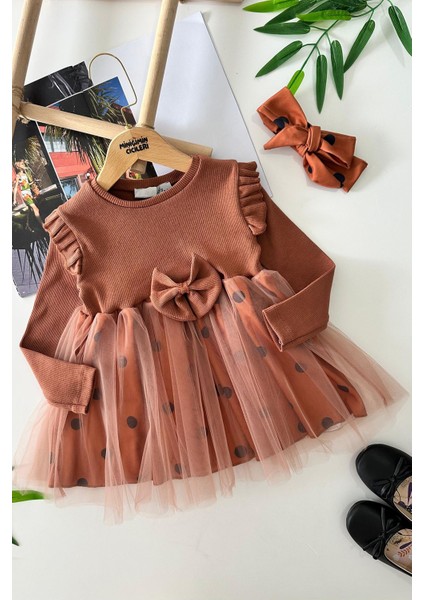 Puantiyeli Tüllü Kız Çocuk elbise - Tarçın