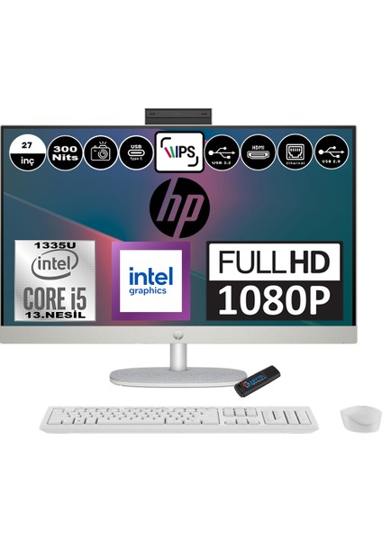 27-CR0009NT Intel Core I5 1335U 16GB 1tb SSD Windows 11 Home Intel Iris Xe Graphics 27 Inç IPS Fullhd All In One Bilgisayar 898B9EAH02+ Zetta Flash Bellek