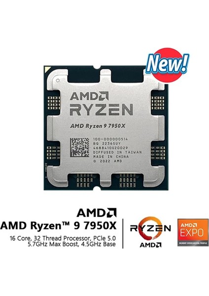 Amd Ryzen 9 7950X Tray 4.5 Ghz 16 Çekirdek 80MB Cache Am5 Soket 5nm Işlemci Kutusuz