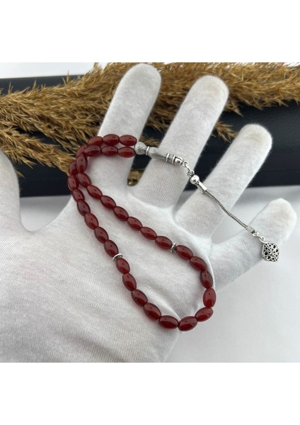 925 Ayar Gümüş Ateş Kırmızı Arpa Kesim Filigran Işlemeli Tekli Tilki Kuyruğu Püskül Akik Tesbih