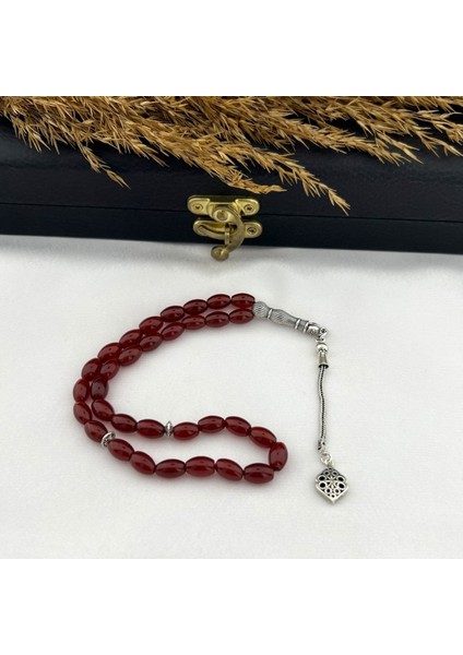 925 Ayar Gümüş Ateş Kırmızı Arpa Kesim Filigran Işlemeli Tekli Tilki Kuyruğu Püskül Akik Tesbih fiyatları