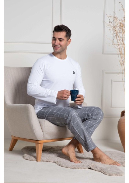 Mecit 3054 Beyaz Ekoseli Erkek Büyük Beden Pijama Takımı