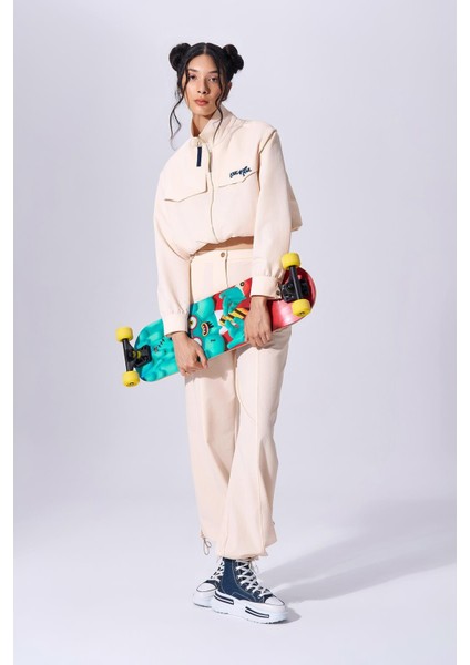 Kadın Yüksek Bel Dokuma Kumaş Rahat Günlük Krem Pantolon NAAR91206-KREM fiyatları