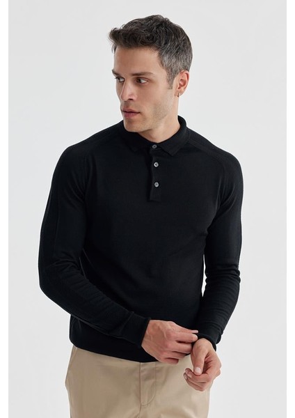 Lacivert Slim Fit Yünlü Desenli Polo Yaka Triko