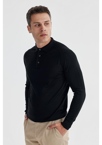 Lacivert Slim Fit Yünlü Desenli Polo Yaka Triko