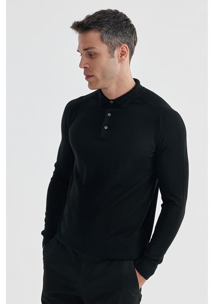 Siyah Slim Fit Yünlü Desenli Polo Yaka Triko