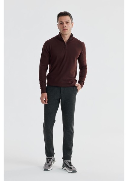 Bordo Slim Fit Fermuarlı Dik Yaka Triko Kazak