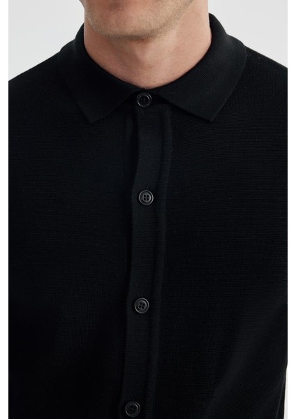 Siyah Slim Fit Yünlü Düğmeli Polo Yaka Triko