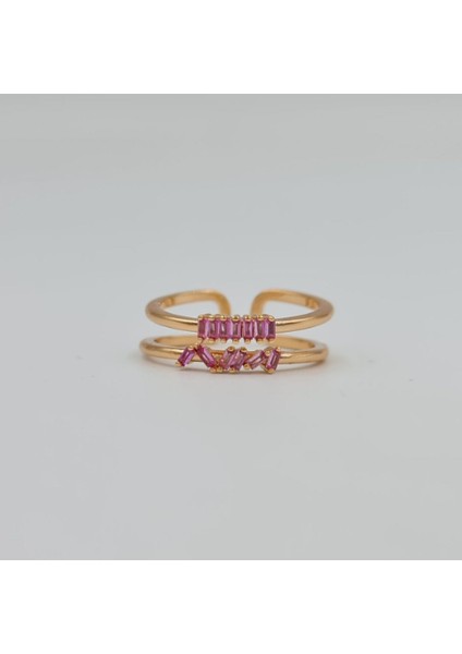 Gold Pembe Baget Taşlı Şık Kadın Yüzük