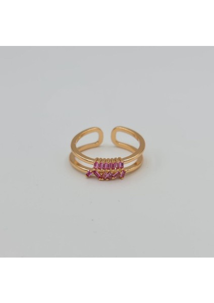Gold Pembe Baget Taşlı Şık Kadın Yüzük