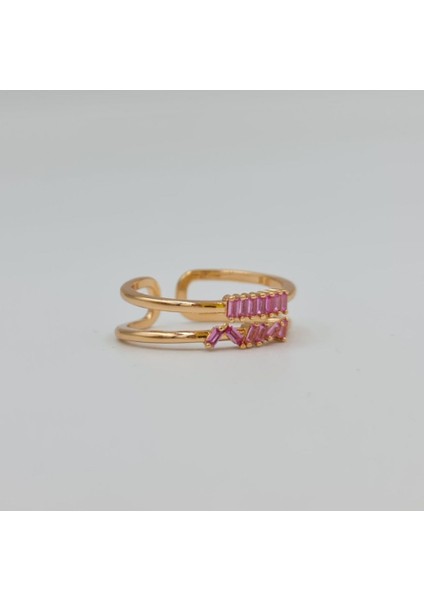 Gold Pembe Baget Taşlı Şık Kadın Yüzük