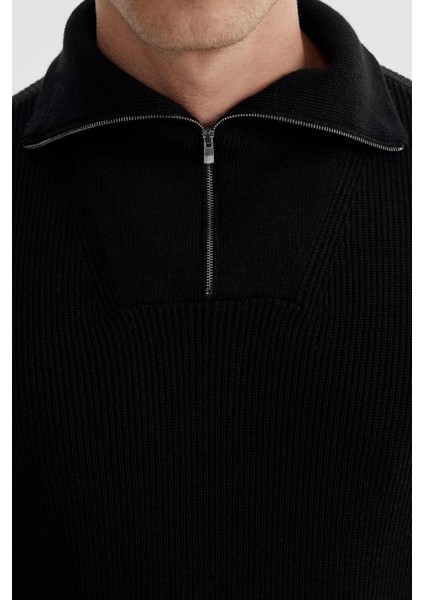 Siyah Slim Fit Yünlü Fermuarlı Yaka Triko