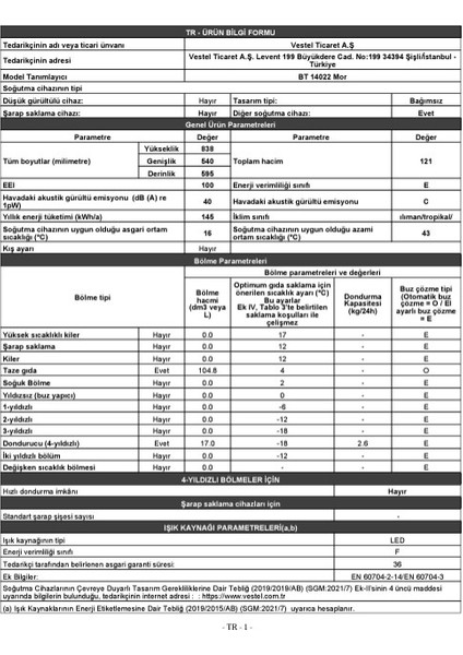 Bt 14022 Mor 121 Lt Mini Buzdolabı