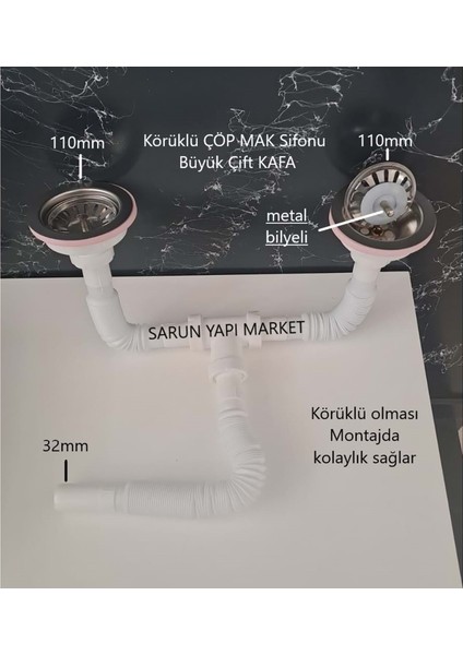 Körüklü Sifon Lüx Çiftli Çöp Mak ( Metal Bilyalı ) - Süzgü Ø 110 mm - Ø 32'lik Çıkışlı