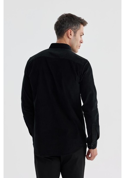 Siyah Comfort Fit Düğmeli Yaka Pamuklu Kadife Gömlek fırsatları