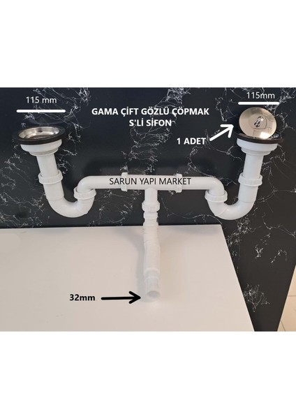 Gama Lüx Çiftli Çöp Mak S'li Sifon - Süzgü Ø 110 mm - Ø 32'lik Çıkışlı