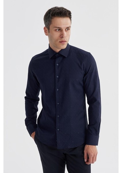 Lacivert Slim Fit Desenli Klasik Kravatlık Pamuklu Gömlek