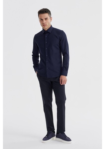 Lacivert Slim Fit Desenli Klasik Kravatlık Pamuklu Gömlek fiyatları