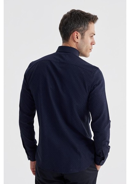 Lacivert Slim Fit Desenli Klasik Kravatlık Pamuklu Gömlek fırsatları