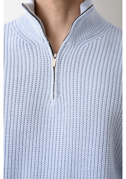 Dik Yaka Yarım Fermuar Erkek Triko Kazak
