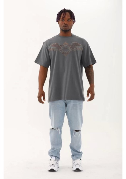 Unisex Oversize Taşlı Bisiklet Yaka T-Shirt - Füme