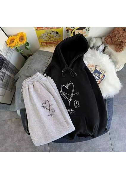Özel Tasarım Kapüşonlu With You Kalp Baskılı Şardonlu Kışlık Kız Çocuk Zarif Eşofman Takımı