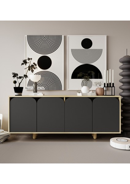 Lazio Bohem Ahşap Ayaklı Modern Konsol 180 cm Safir Meşe-Antrasit