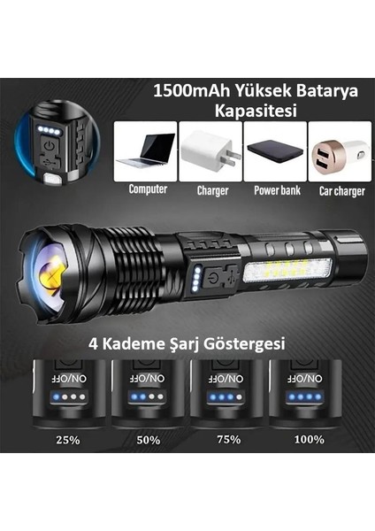 Şarjlı 7 Modlu Ultra Güçlü LED El Feneri Çakarlı Çok Fonksiyonlu Zoom 1500MAH