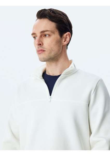 Uzun Kollu Pamuk Karışımlı Basic Yarım Fermuarlı Sweatshirt