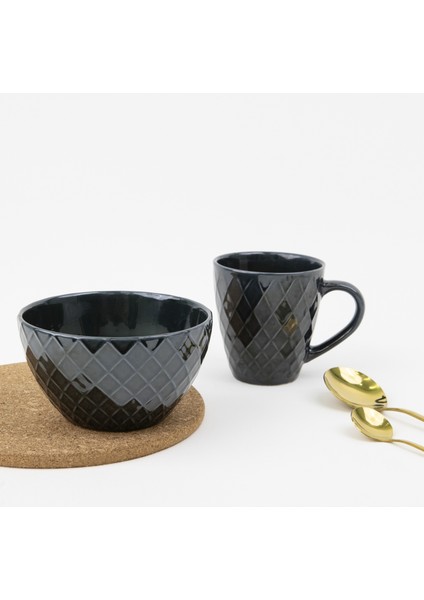 Porselen Kupa Kase Seti Bowl Mug Kahvaltı Ikili Set (Koyu Yeşil)