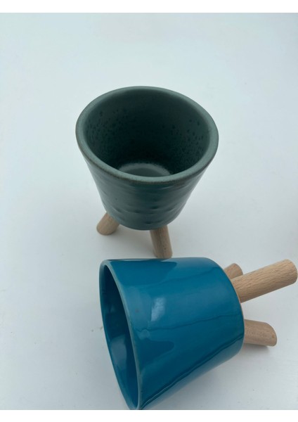 2 Adet Seramik Ahşap Ayaklı Kaktüs Saksısı 10 cm