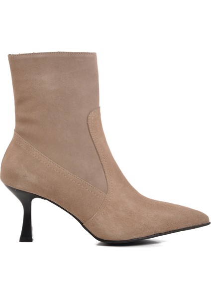 Hakiki Deri Bej Süet Kadın Topuklu Bot modelleri