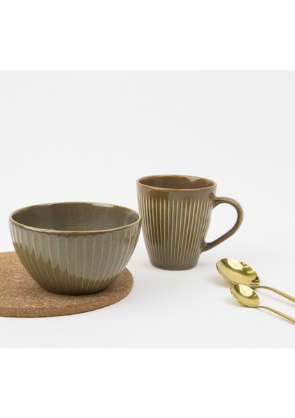 Porselen Line Kupa Kase Seti Bowl Mug Kahvaltı Ikili Set(Yeşil)