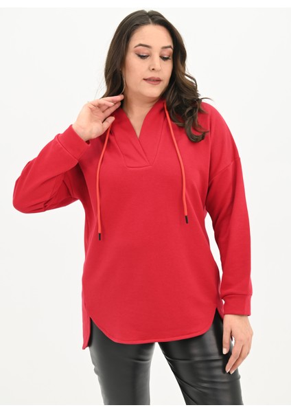 Kadın Büyük Beden Kapüşonlu Oversize Sweatshirt 1895-25