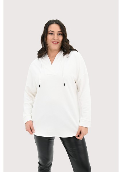 Kadın Büyük Beden Kapüşonlu Oversize Sweatshirt 1895-25