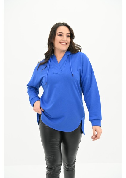 Kadın Büyük Beden Kapüşonlu Oversize Sweatshirt 1895-25