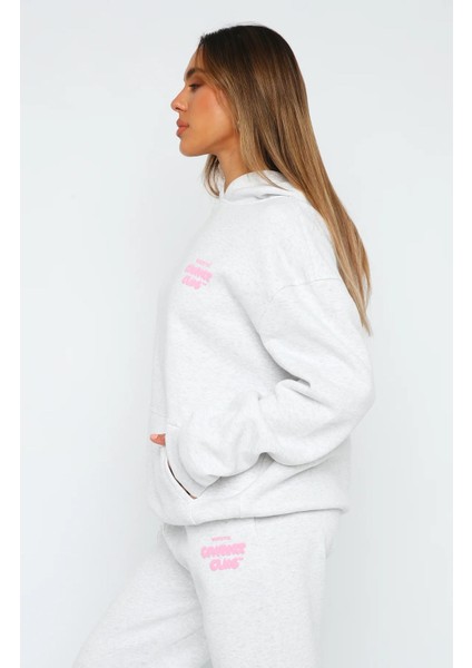 Gri Melanj Unisex Comfort Club Yazılı Kapüşonlu Oversize Hoodie