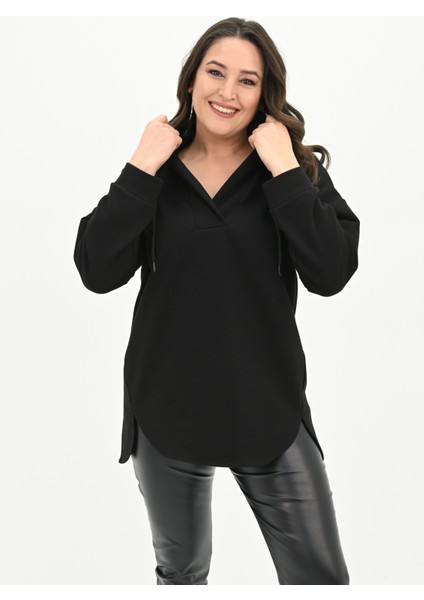 Kadın Büyük Beden Kapüşonlu Oversize Sweatshirt 1895-25