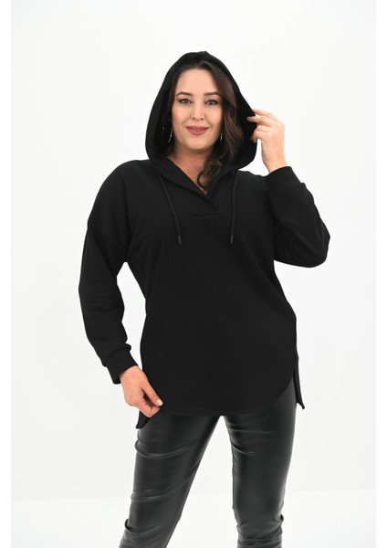 Kadın Büyük Beden Kapüşonlu Oversize Sweatshirt 1895-25