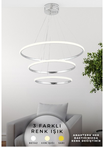 3 Renk Özellikli Modern Gümüş Kaplamalı Mutfak Salon Avize - LED Avize