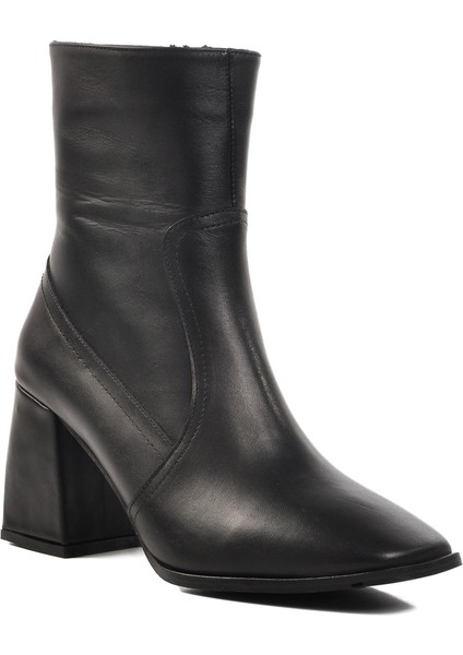 Deri Siyah Kadın Topuklu Bot